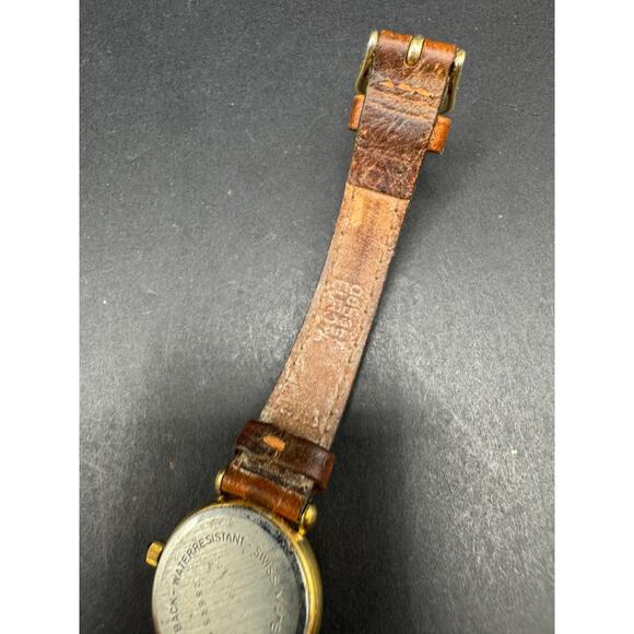 Vintage 90's Tourneau Dress Quartz Date Watch Gold Tone Brown Leather Band 24mm - Picture 9 of 11